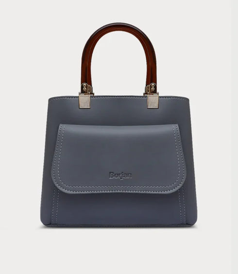 Elegant Blue Handbag with Wooden Handle