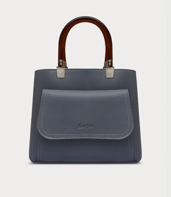 Elegant Blue Handbag with Wooden Handle